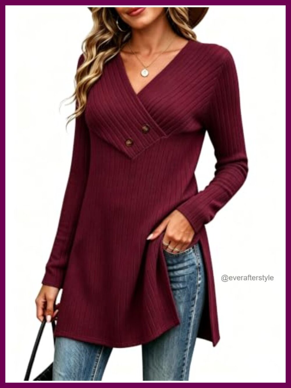 Long Sleeve V Neck Tunic Sweater Side Split Ribbed Knit Top